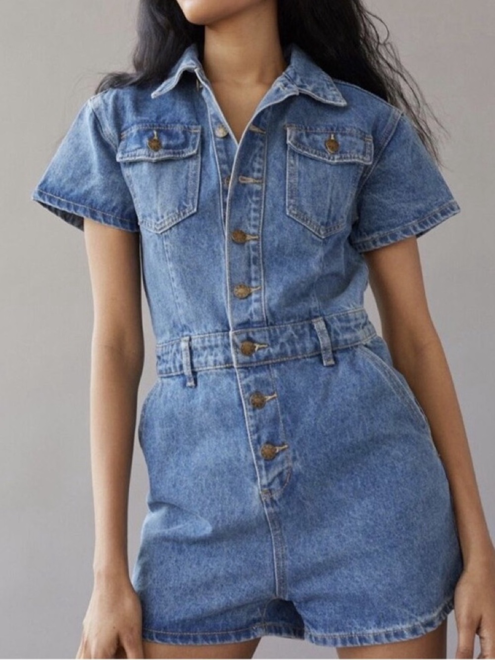 Lioness Denim Utility Romper XS Blue Button Front Short Sleeve Playsuit romper